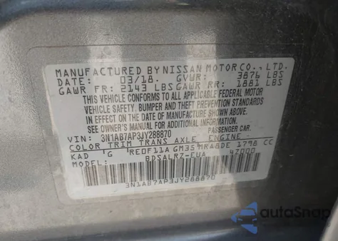 2018 Nissan Sentra Sr from USA, damaged, VIN 3N1AB7AP3JY288870